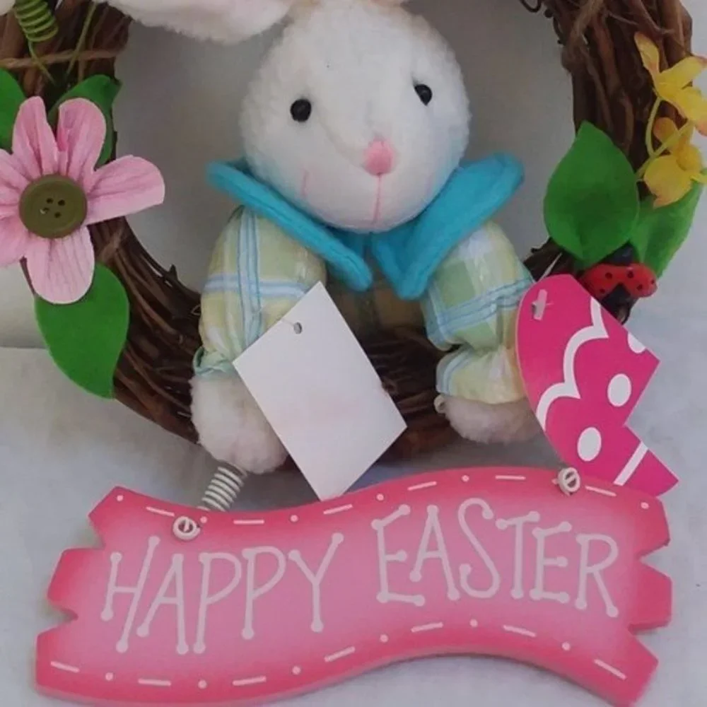 Easter Wreath GRAPEVINE with Stuffed Bunny Ladybug Flowers Wood Sign New